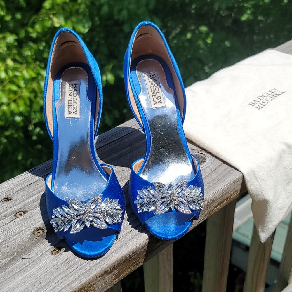 Badgley Mischka Satin Blue Heels with Gorgeous Crystals